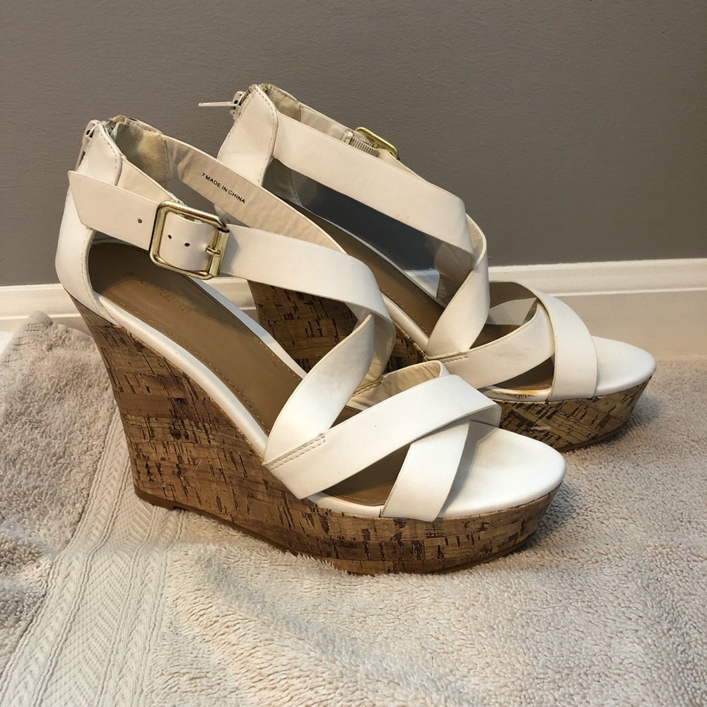 Express White Strappy Cork Wedges